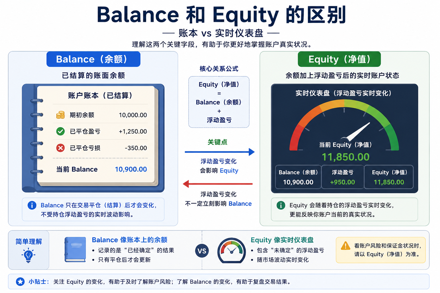 示意图：Balance 为已结算账面余额，Equity 随未平仓浮动盈亏上下变化