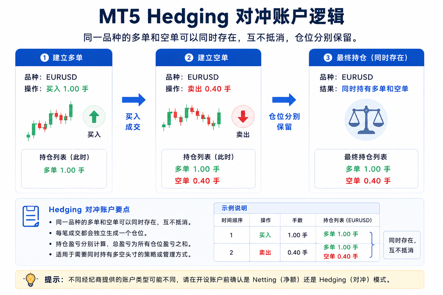 示意图：Hedging 对冲账户同一品种可同时显示多单与空单等多笔独立仓位