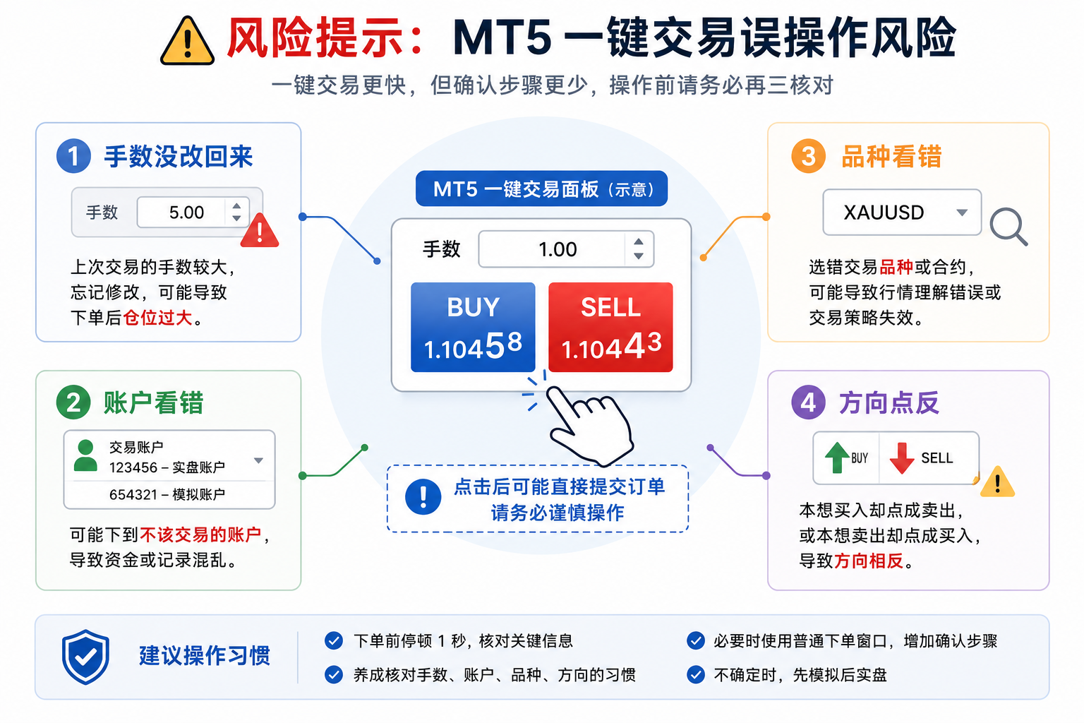 示意图：一键交易常见误操作风险，包括误点按钮、手数未改、账户或品种看错、未设止损