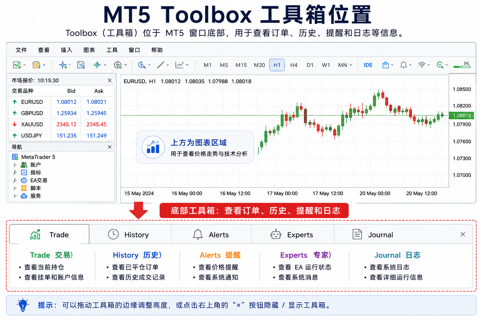 示意图：MT5 界面底部的 Toolbox 工具箱区域，用于查看持仓、历史与日志